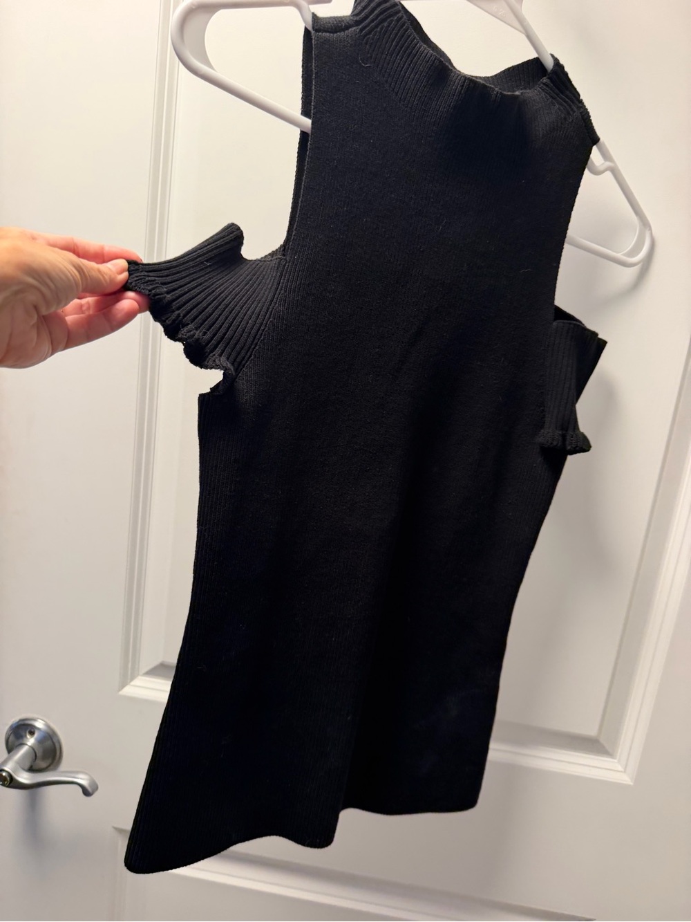 INTERMIX Black Ribbed Sleeveless Mock Neck and Cold Shoulder Top